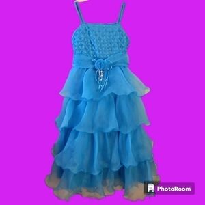 RICHIE HOUSE Blue Lattice Pearl Cascade Ruffle Chiffon Bow Tie Back Party Dress